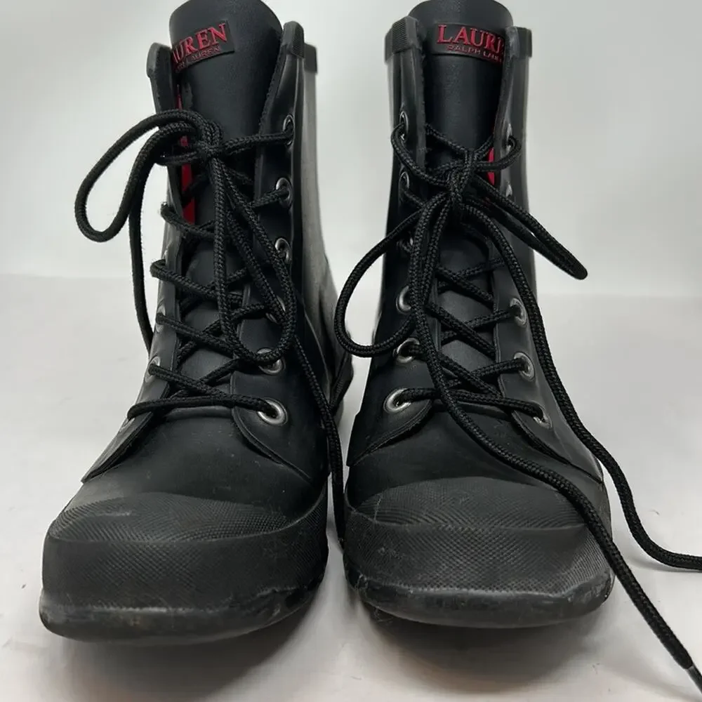 Lauren Ralph Lauren Mikenna Women's Black Rubber Lace Up Ankle Boots Size 6